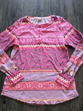 Kari Traa Pink Purple Geometric Penguin Snow Henley Knit Long Sleeve Top Women S